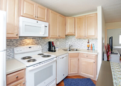 Glenbrook Centre Apartments. Cedar Rapids Iowa. Kitchen. Wood cabinets. Refrigerator. Electric stove top and oven. Microwave. Dual stainless steel sink. Dishwasher. Wood flooring. Tile backsplash. View of living room and bedroom.