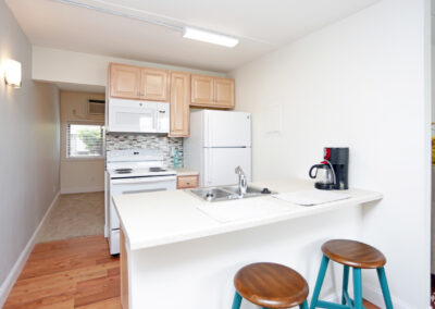 Glenbrook Centre Apartments. Cedar Rapids Iowa. Kitchen. Wood flooring. Refrigerator. Tile backsplash. Dual stainless steel sink. Electric range. Microwave. Wood cabinets. Window with blinds. Sink at countertop. Seating at countertop.