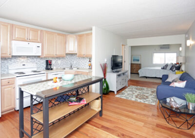 Glenbrook Centre Apartments. Cedar Rapids Iowa. Kitchen with view of living room and bedroom. Kitchen has wood flooring, Wood cabinets. Tile backsplash. White walls. Lights on walls. Large table in kitchen. Refrigerator. Dishwasher. Microwave. Dual sided stainless steel sink. Couch. Small television stand. Carpeting in bedroom. Window in bedroom with blinds. Air conditioning.